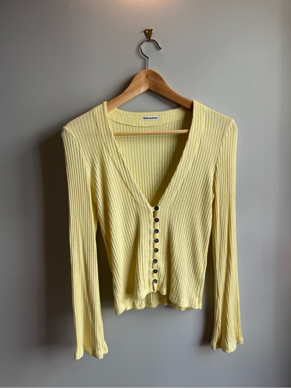 Reformation Pale Yellow Ribbed Button-Front V-Neck Long Sleeve Top